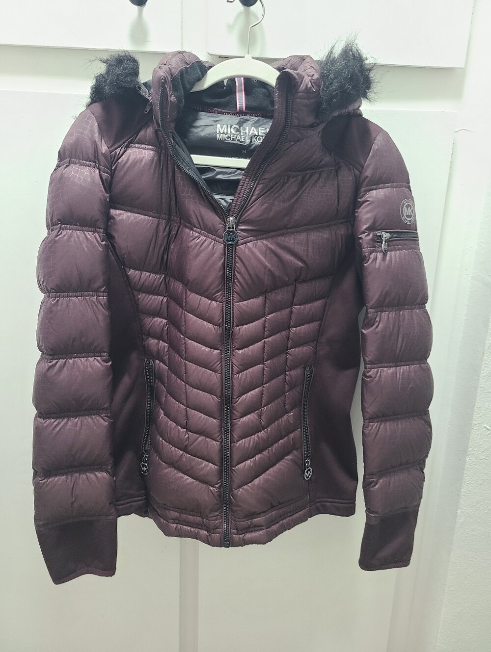 Michael Kors Mixed Media Down Puffer Jacket Plum Burgundy Python Womens M Hooded